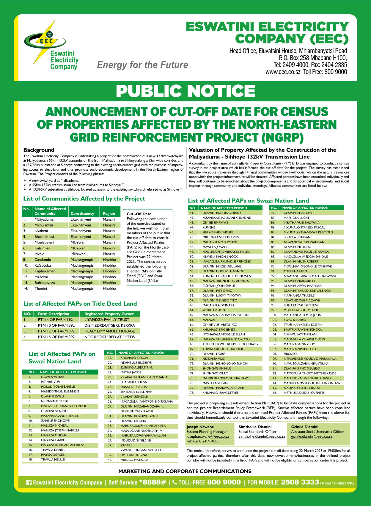 ANNOUNCEMENT OF CUT-OFF DATES FOR CENSUS OF PROPERTIES AFFECTED BY THE NORTHERN-EASTERN GRID REINFORCEMENT PROJECT (NGRP)